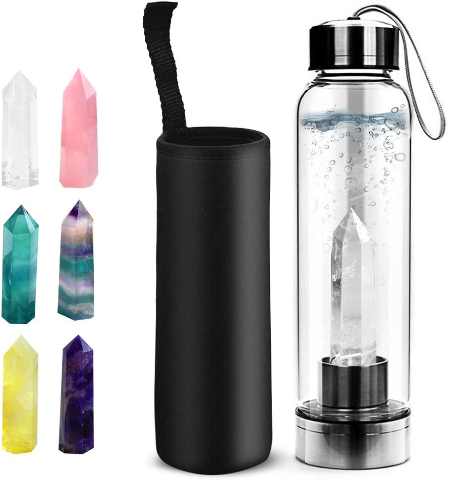 Crystal Glass Water Bottle, Includes Protective Sleeve and Removable Crystal Quartz, Healing Natural Quartz Water Bottle BPA and BPS Free Durable, Portable Leak Proof Gemstone Bottle 550ml