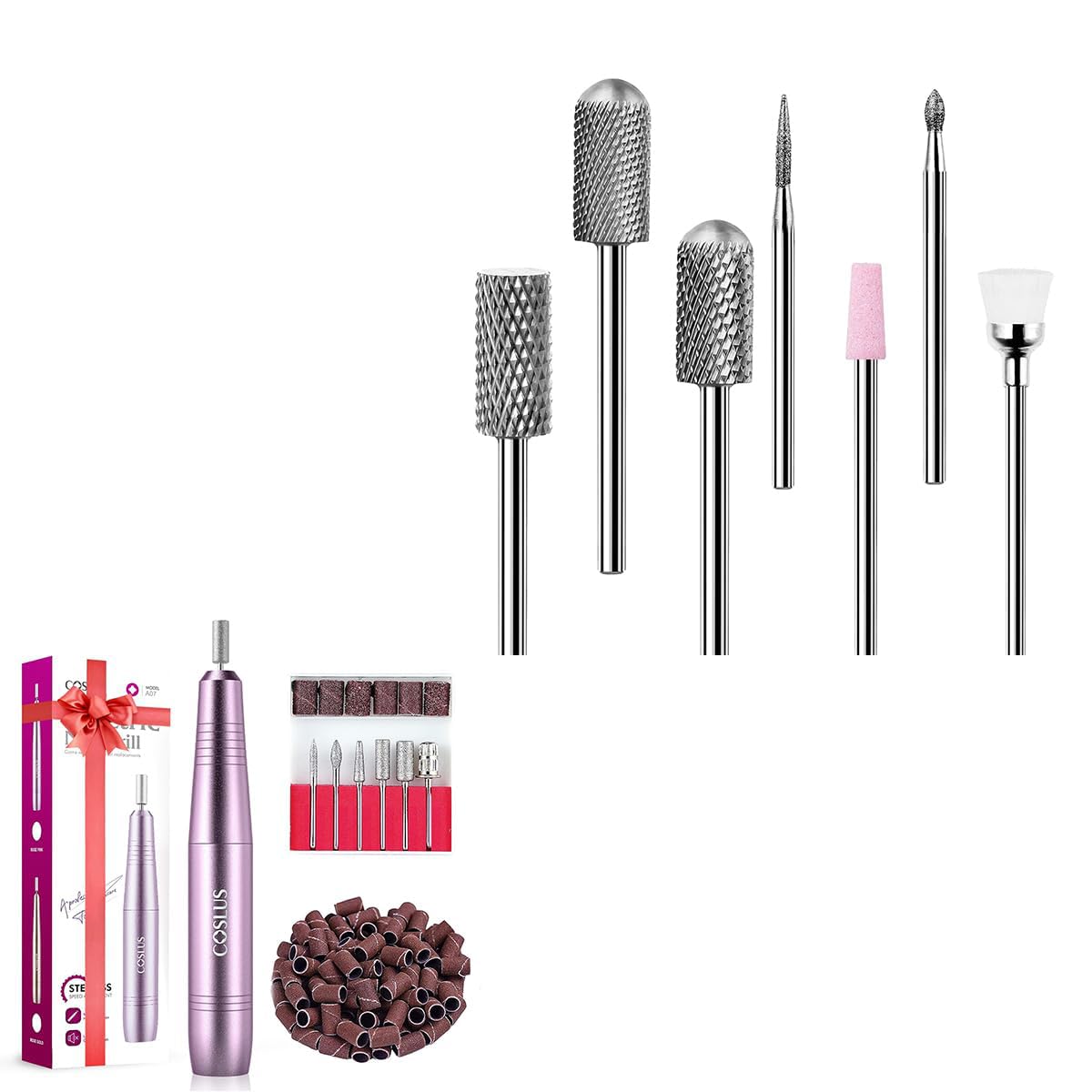 COSLUS Electric Nail Drill File Professional: for Acrylic Gel Dip Powder Nails Portable Nail Drill Machine Kit and ail Drill Bits Set 7pcs: 3/32 Inch Shank Electric Nail File Machine Bits