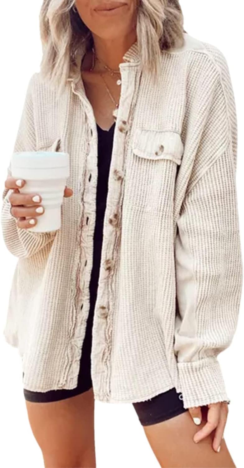 Akivide Women Casual Lightweight Waffle Knit Jacket Shacket Fall