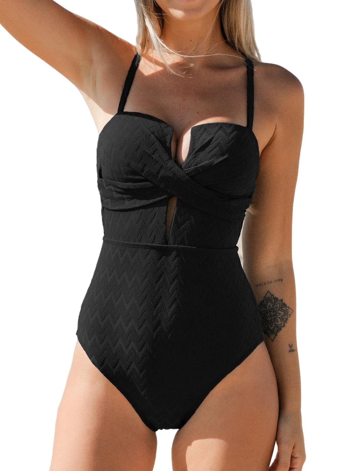 CUPSHE Damen Badeanzug Tiefer Ausschnitt Crossover Wickeloptik Geformte Cups Gerippte Textur Einteilige Bademode Swimsuit