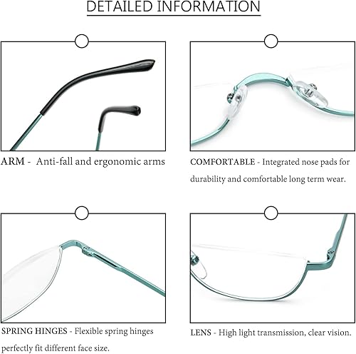 Miniatura 4 de DXYXYO Lentes de lectura de media luna para mujeres y hombres, pequeños lectores de bisagra de resorte de metal con marco semimonar