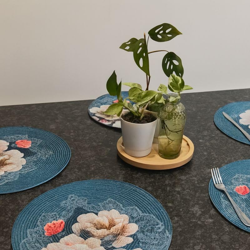 Image of Jute Cotton Round Table Mats Set of 6 - Dining Table mat 6 Pieces Waterproof, Elegant and Durable for Dining Table (Blue Lilly)