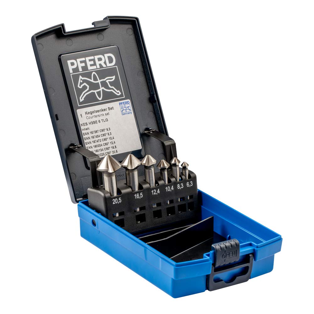 PFERD HSS-E Co5 Cone/Deburring Countersink Set, 6 Pieces, 90°, Diameter 6.3-20.5 mm, DIN 335 C, 25202157 - for Countersinking 90° Screws