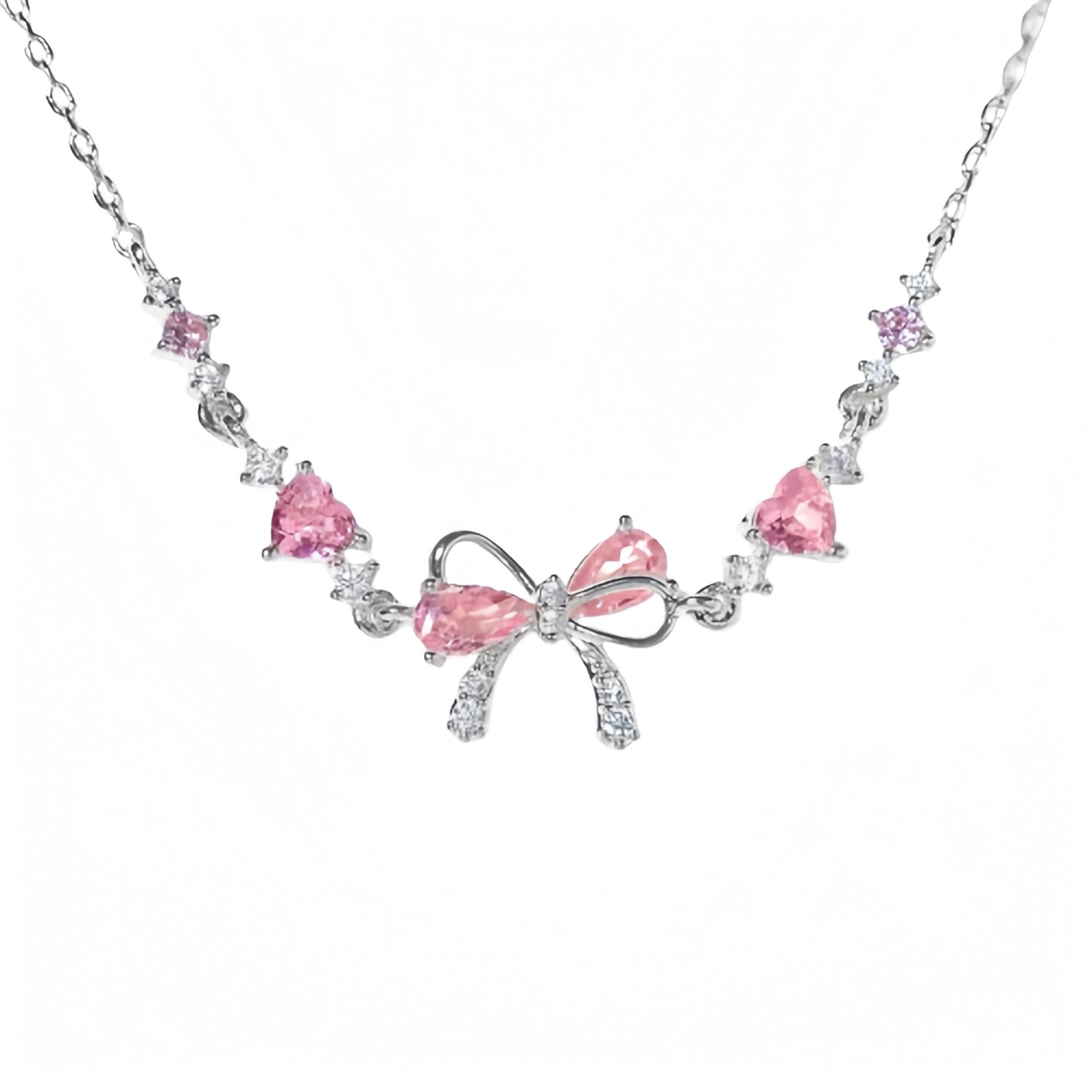 KIASRZN Exquisite Bow Zircon Bracelet/Necklace - Friendship Is Like A Bow Tied Around Each Other,Adjustable Love Knot Pink Zirconia Friendship