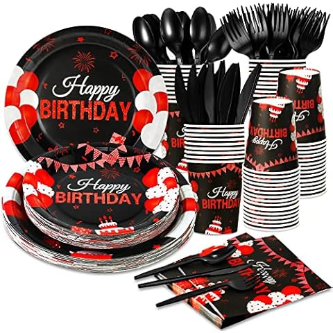 168 Pcs Black and Red Birthday Party Supplies Tableware Set Happy Birthday Plates, Knife,Forks,Spoons, Cups and Napkins Table Decorations for Women Girls Birthday Party Decorations, 24 Guests Cover