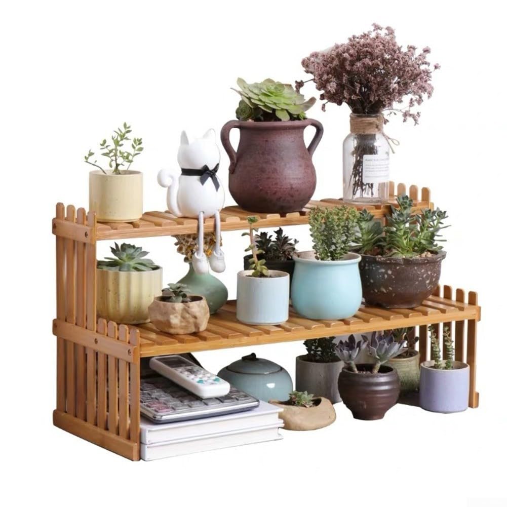 Estante de madera de 2 niveles para plantas para uso de escritorio como soporte para macetas y solución de almacenamiento para organización de espacios pequeños (57 cm)