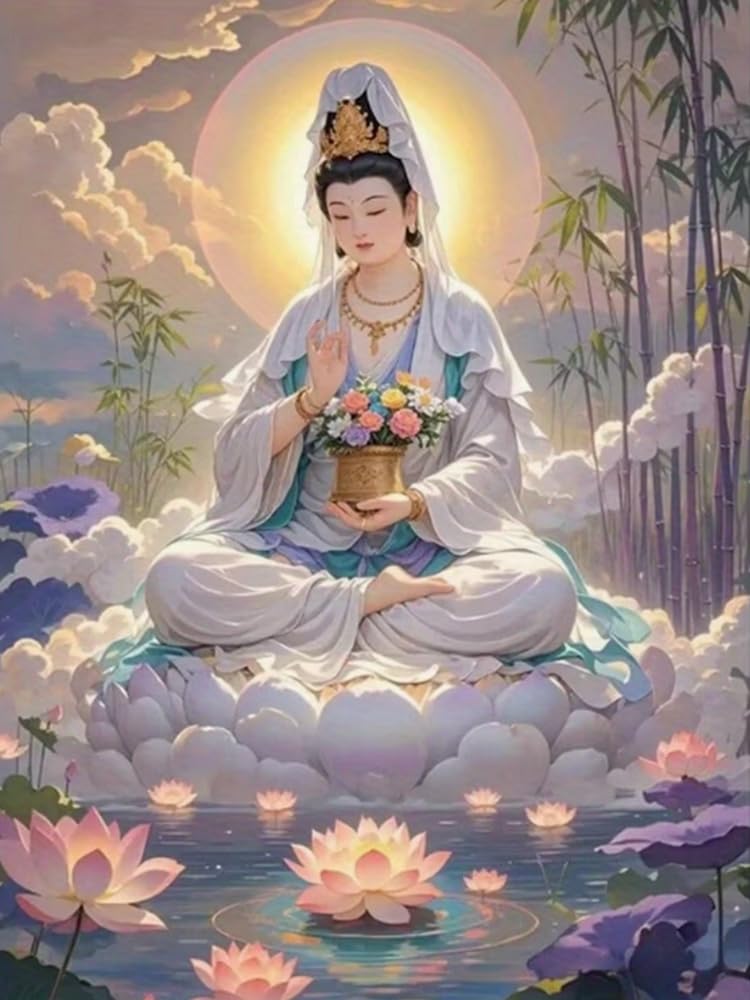 WELIWE Cross-Stitch Kits for Adults Beginners 11CT Stamped Embroidery Kits Guanyin Bodhisattva Statue DIY Pre-Printed Canvas Art Home Decoration 40x50 cm