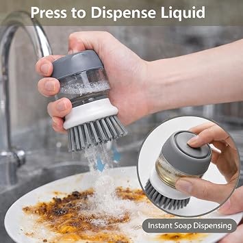 Soap Dispensing Dish Brush with Holder Leakproof Kitchen Scrubber Brush with Soap Dispenser, Palm Grip Dish Cleaning Brush for Pots, Pans, Sink & Dishes Gray