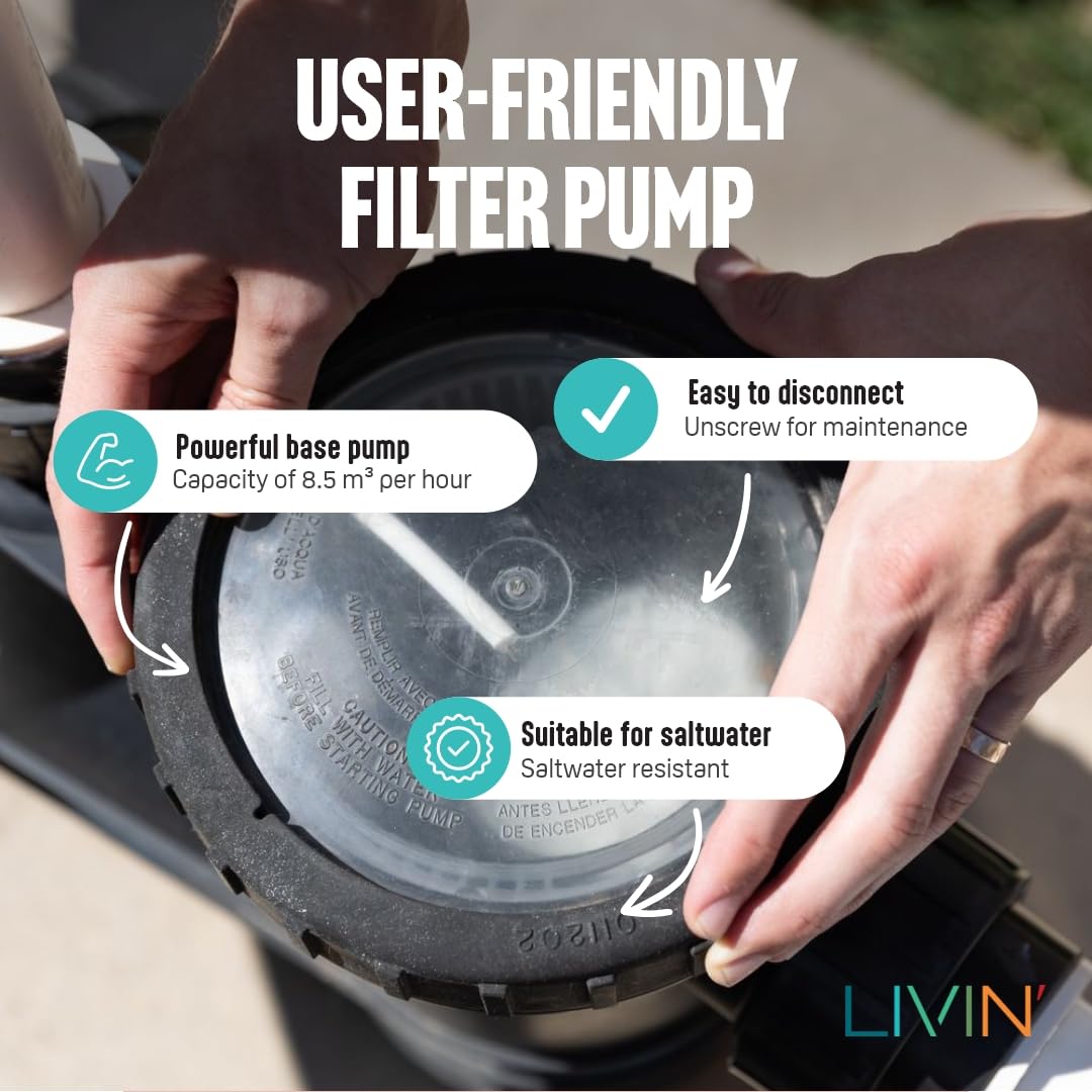 LIVIN' Pompa per piscina da 250 W, filtro per piscina LIV425RCD in piscina, accessorio per piscina con alta 10 m, Hmax – 65 dB, bassa rumorosità, pompa per piscina, impianto di filtraggio dell'acqua