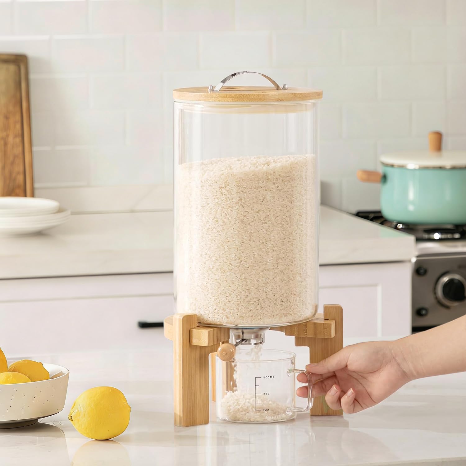HBlife Glass Rice Dispenser with Wooden Stand Flour and Cereal Container with Glass Measuring Cup Pantry Food Organization Storage Bin with Airtight Bamboo Lid, 3L+5L image 5
