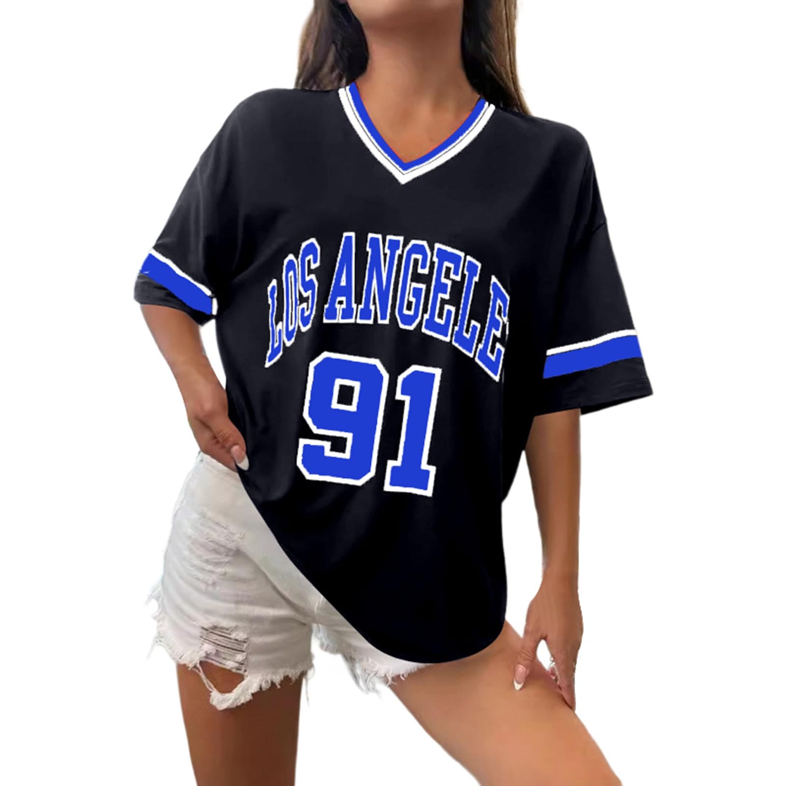 Women's Los Angeles Shirt Baseball Jerseys Oversized Y2k Number Shirts Graphic Striped Trim Casual Shirt V Neck Streetwear Striped Graphic Tee Casual Top Summer Sports Shirt, O Blue, 3XL