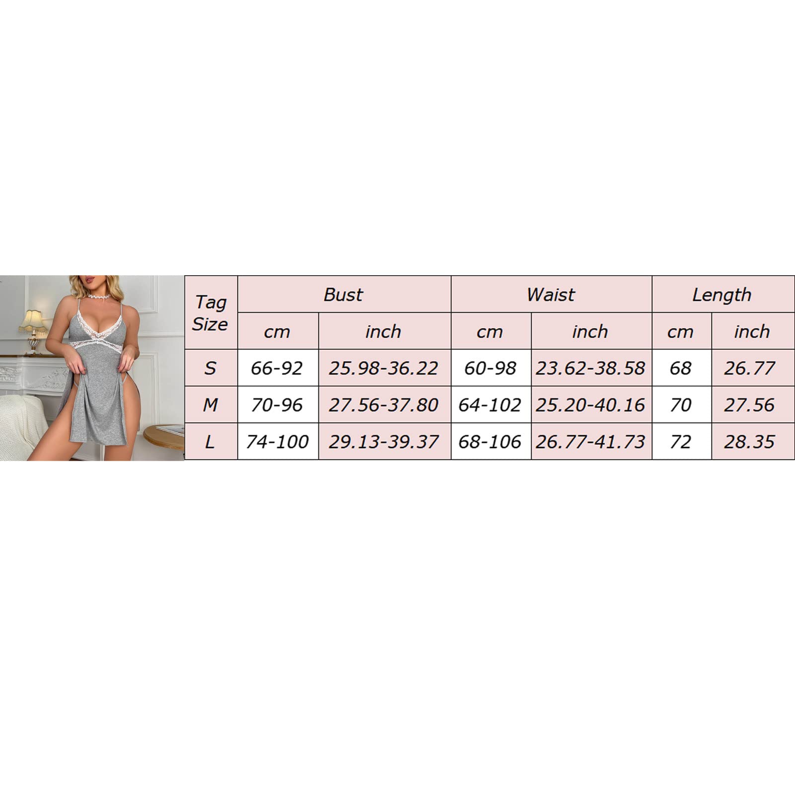 Générique Nuisette Femme Coton Dentelle Sexy Sensuelle Chemise De Nuit Col en V Bretelles reglables Légère Pyjama Femme Robe De Nuit Spaghetti Sangle Babydoll Lingerie Mini Robe D'été Cami Robe