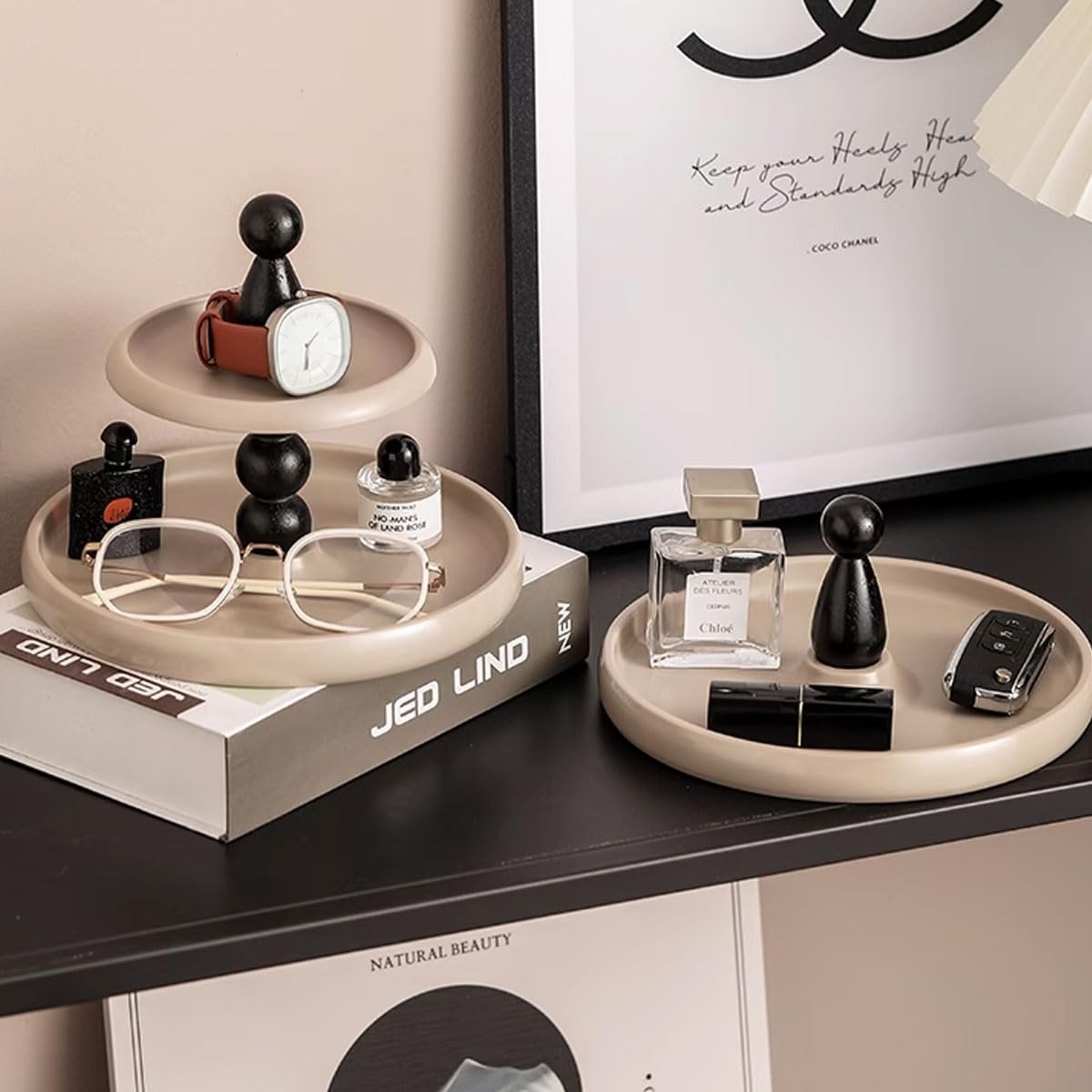 Organizer na biurko z funkcją Valet Tray – Premium PU Leather Catchall Taca Przy łóżku Szafka nocna Stolik nocny Uchwyt na caddy na pilota, klucze, telefon, portfel, biżuterię(Grey,Large size)
