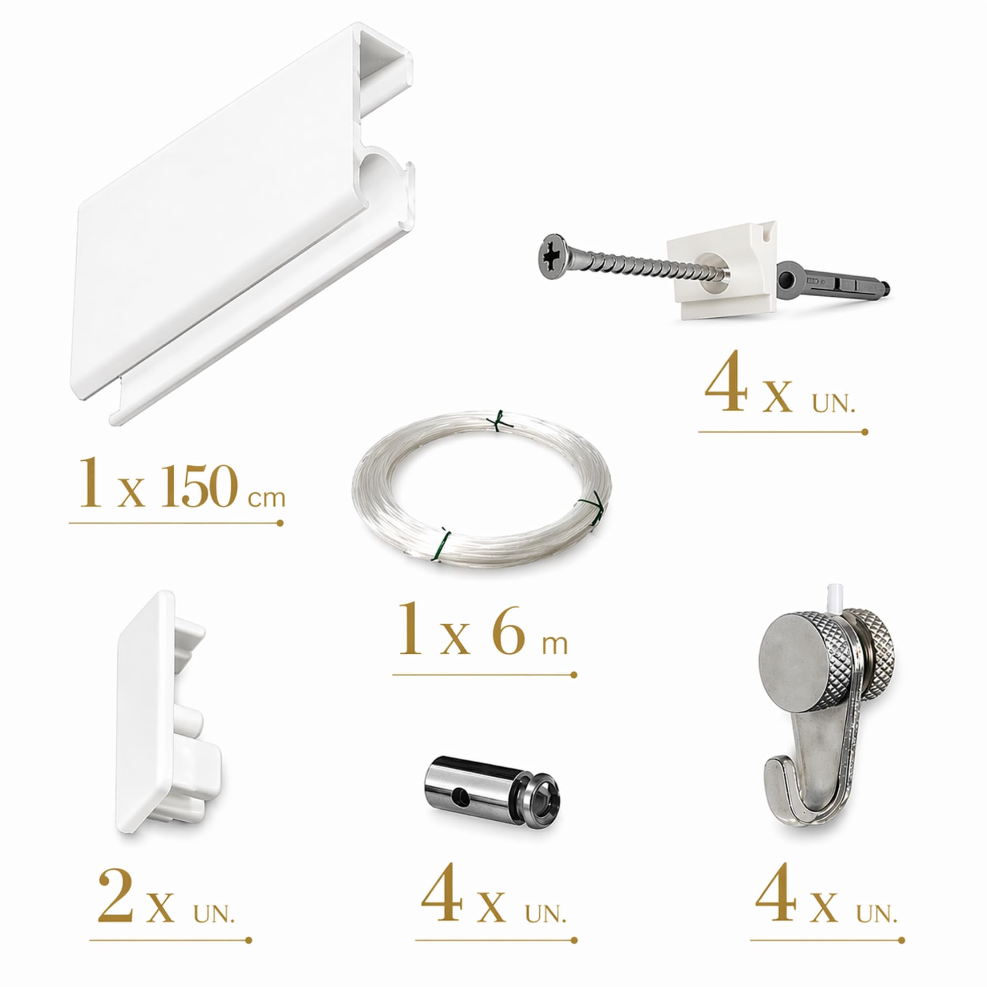Colgar Cuadros - Guía de Aluminio Blanca 150 cm | Sistema para Colgar Cuadros Ajustable | 4 Colgadores Nylon | Fácil Instalación en Pared y Pladur | Incluye Tornillos y Tacos