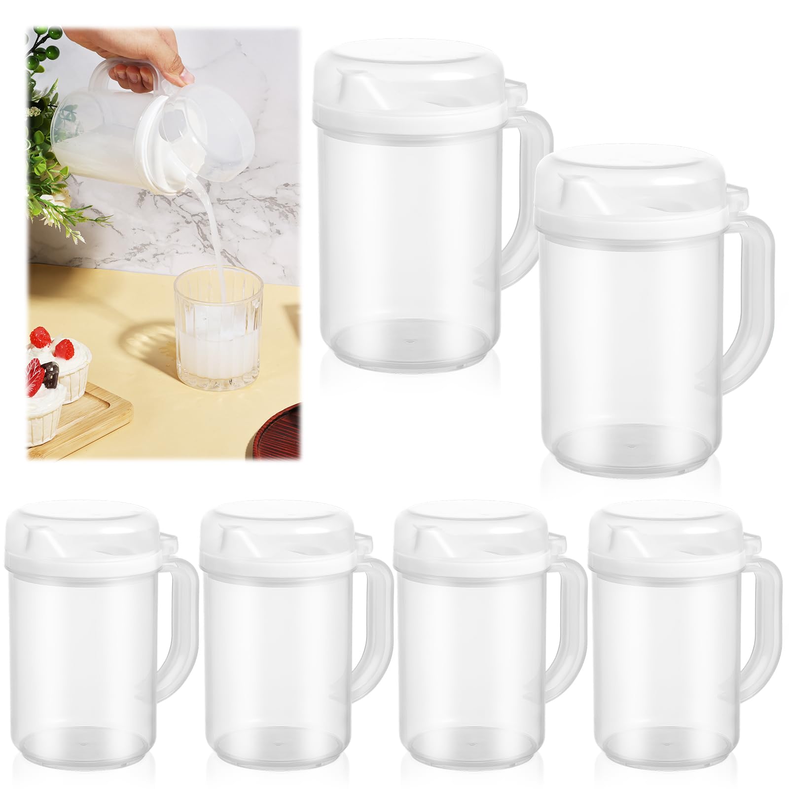 6 Pack Early Learning Kids Easy Pour Mini Pitchers 20 Oz Clear Plastic Pitcher with Lid and Handle Child Mini Easy Pour Bottles for Water Milk Tea Classroom Nursery Home