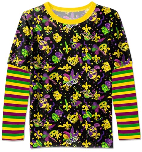 Image of Unisex Kids St Patrick's Mardi Gras Stripe Patchwork Long Sleeve Carnival Shirt 4-14 Years