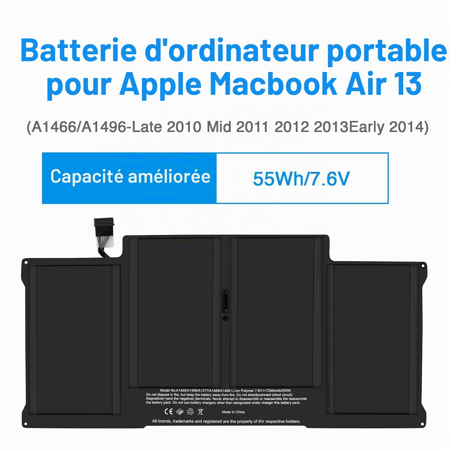 A1405 Batterie pour Ordinateur Portable Mac Book Air 13" A1377 A1496 A1466 (mi-2012 mi-2013 début 2014 début 2015,2017) A1369 (Fin 2010 mi-2011)