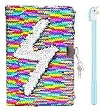 Magic Sequin Notebook Gel Pens Set - Reversible Mermaid Sequin Journal Colorful DIY Kids Secret Diary,Cute Lockable Diary with Padlock & Keys, Lovely Birthday Christmas Gifts for Child