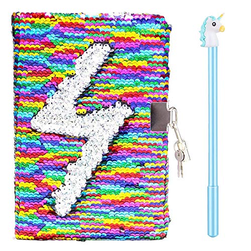 Magic Sequin Notebook Gel Pens Set - Reversible Mermaid Sequin Journal Colorful DIY Kids Secret Diary,Cute Lockable Diary with Padlock & Keys, Lovely Birthday Christmas Gifts for Child