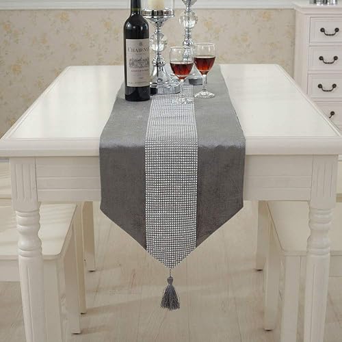 Miniatura 4 de Camino de mesa de diamante plateado con tira de diamantes y borlas, camino de mesa de lentejuelas grises de 72 pulgadas de largo para decoración de