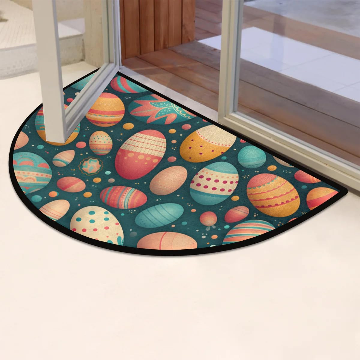 cfpolar Half Round Door Mat Easter Egg Blue Background Non-Slip Semi Circle Area Rug Washable Half Moon Hearth Rugs for Indoor Outdoor Bathroom Kitchen Patio Runner Mat Laundry Room Home Decoration