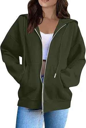 OIOLOYJM Zipper Hoodies for Women Long Sleeve Oversized Sweatshirts Y2k Drawstring Soft Jacket 2025 Fall Fashion with Pockets
