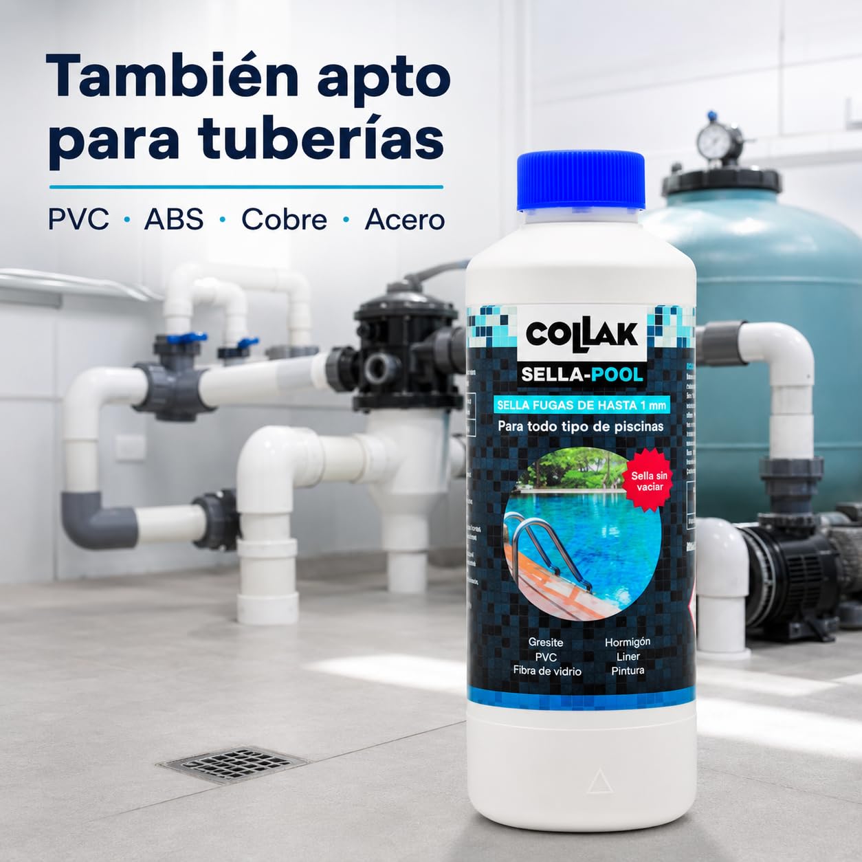 Collak Sigillante per perdite per piscina Seala-Pool 1L - Ripara crepe senza vuoto - Compatibile con Liner, Calcestruzzo, PVC, Fibra, SPA, Serbatoi e Tubi - Uso professionale e domestico