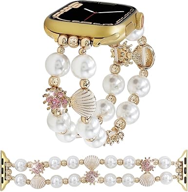Stretchy Pearl Beaded Band Compatible with Apple Watch Bands 38/40/41mm 42/44/45/46/49mm Women,Elastic Beads Sea Shell Wristband for iWatch Series 11 10 9 8 7 6 5 4 SE/Ultra 3 2 1