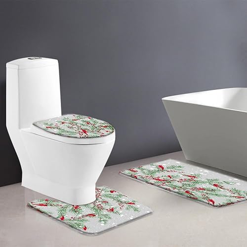 Miniatura 2 de Juego de 3 alfombrillas de baño de pájaros rojos de Navidad, diseño de árbol de pino de Navidad, copos de nieve, rústico, invierno, vacaciones,