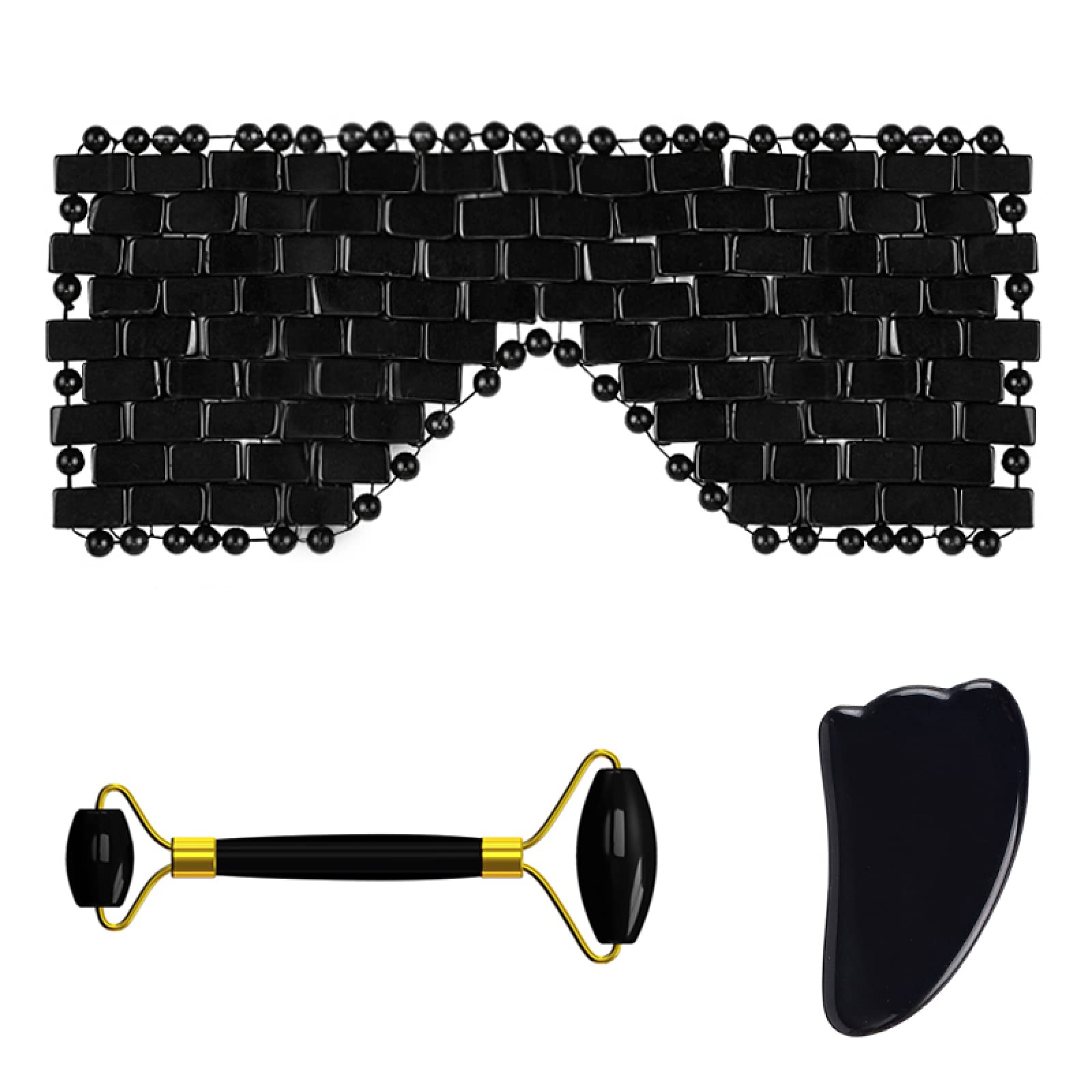 Natürliche Obsidian-Gesichtsmaske, Gesichtspflege, Massagerolle, Gua-Sha-Brett, schwarzer Kristall, 6-in-1-Set Voller Textur (Color : 3in1 Set-pu-yl)