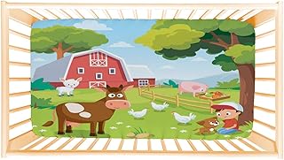 ANGELJUAN Soft Fitted Crib Sheet, Stretchy & Breathable Toddler Crib Sheet for Boys and Girls, Summer Landscape with Farm Animals and Barn , 28