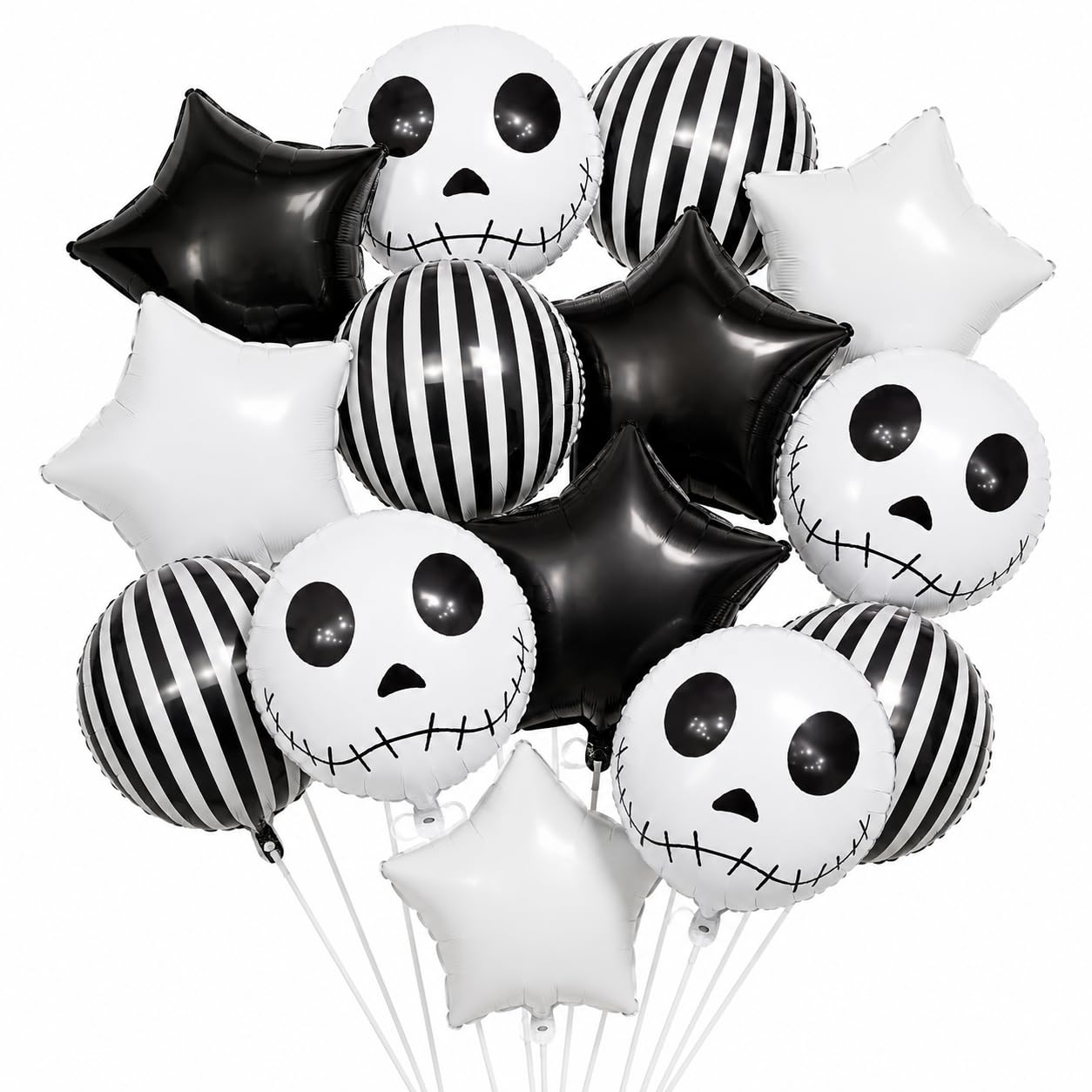 HILAVO 16PCS Black and White Striped Balloons and Skeletons Skull Balloons Star Foil Balloons for Halloween Birthday Baby Shower Holiday Masquerade Party Decoration Supplies