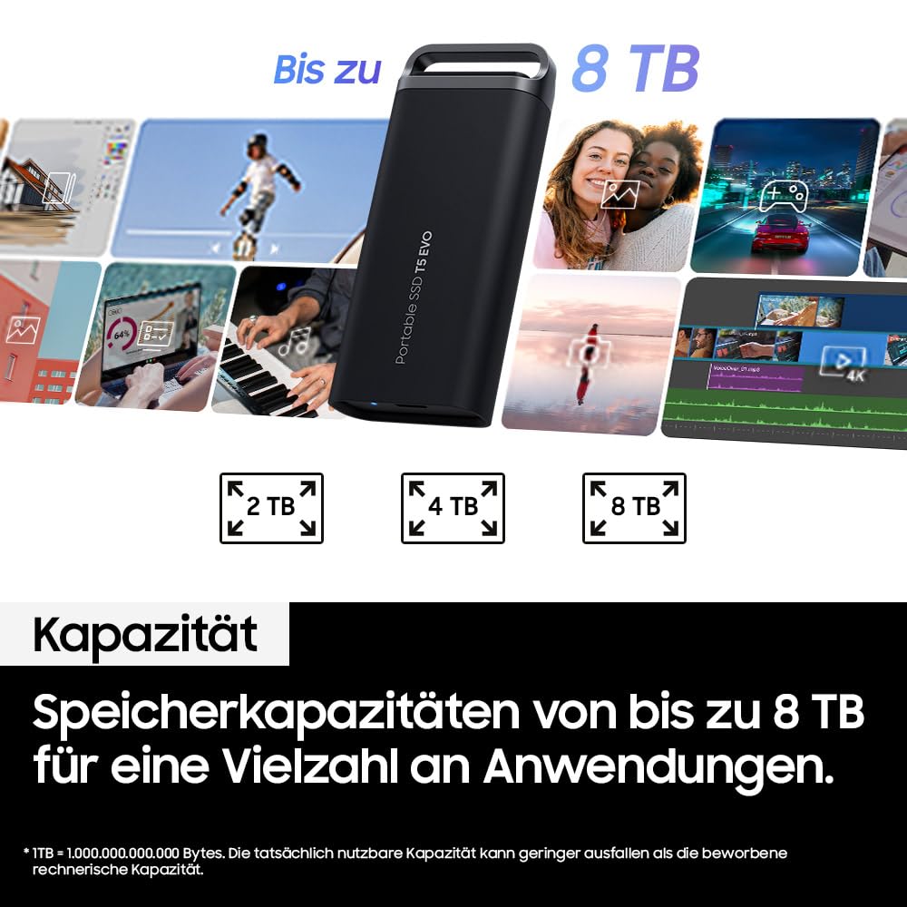 Samsung Portable SSD T5 EVO, 8 TB, USB 3.2 Gen. 1, 460 MB/s Lesen, 460 MB/s Schreiben, Externe Festplatte für Mac, PC, Android, Smart TVs und Spielkonsolen, Inkl. USB-C-Kabel, MU-PH8T0S/EU