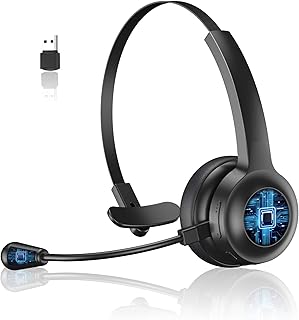 Trucker Bluetooth Headset w/Noise Cancelling Microphone for PC Cell Phones - Easy Mute | Light 6.5 oz | Telephone Office Wireless Headphones for Zoom, Teams
