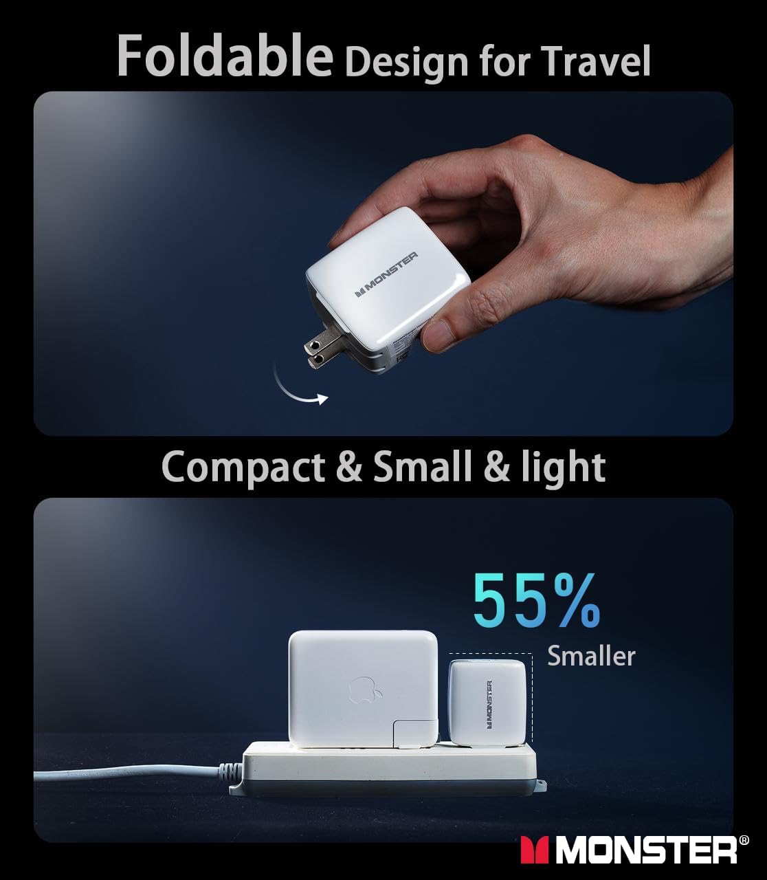 Monster 65W USB C Charger Block, PPS 2-Port, Foldable GaN Fast Charger, Heat-Free Ensure Security for iPhone 16 Pro Max/15/14, iPad, MacBook, Samsung Galaxy S25, Pixel and More, with Silicone Cable