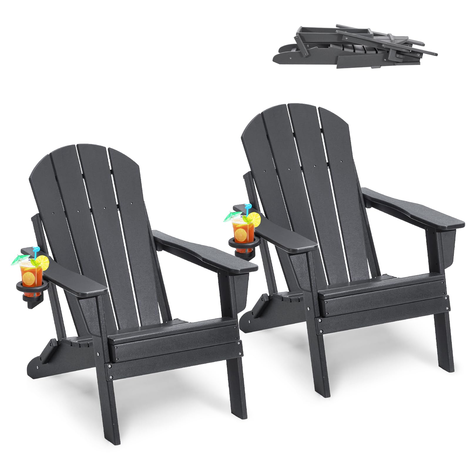 VEVOR Chaise Adirondack en Plastique, Lot de 2, Fauteuil de Jardin Pliant Portable, Charge 181,4 kg, avec Porte-Gobelet, Accoudoir Relaxant, pour Toutes Saisons, Extérieur, Patio, Arrière-Cour, Gris