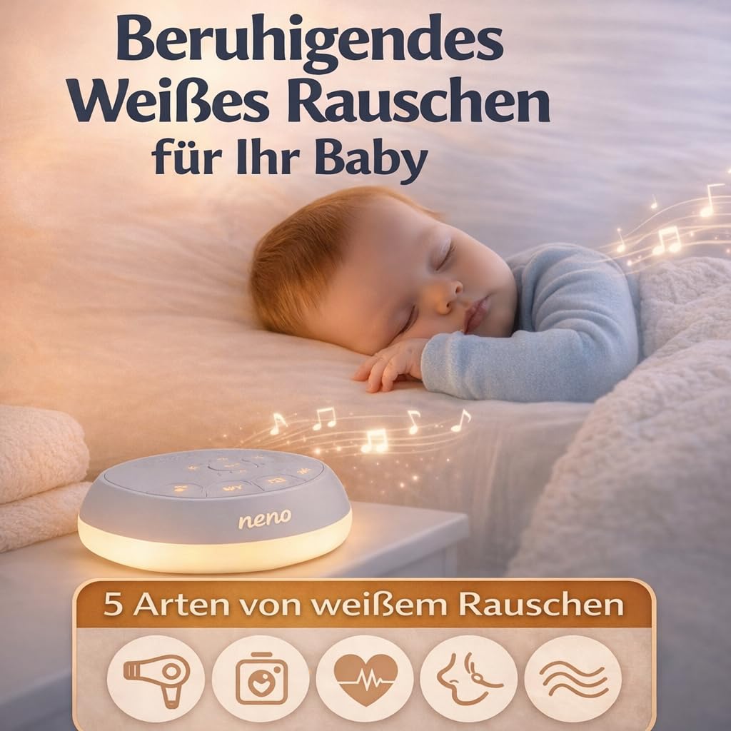 Neno Lumia White Noise Machine Baby - Weißes Rauschen mit Einschlafmusik - Einschlafhilfe Babys mit Nachtlicht - Naturgeräusche Box mit Stilllicht und Herzschlag-Aufnahmefunktion