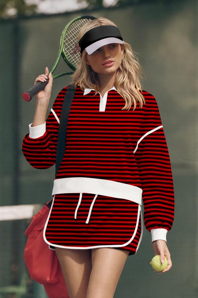 Womens Striped 2 Piece Outfits Long Sleeve Sweatshirt Button V Neck Sweatsuits High Waist Shorts Lounge Sets - Image 2