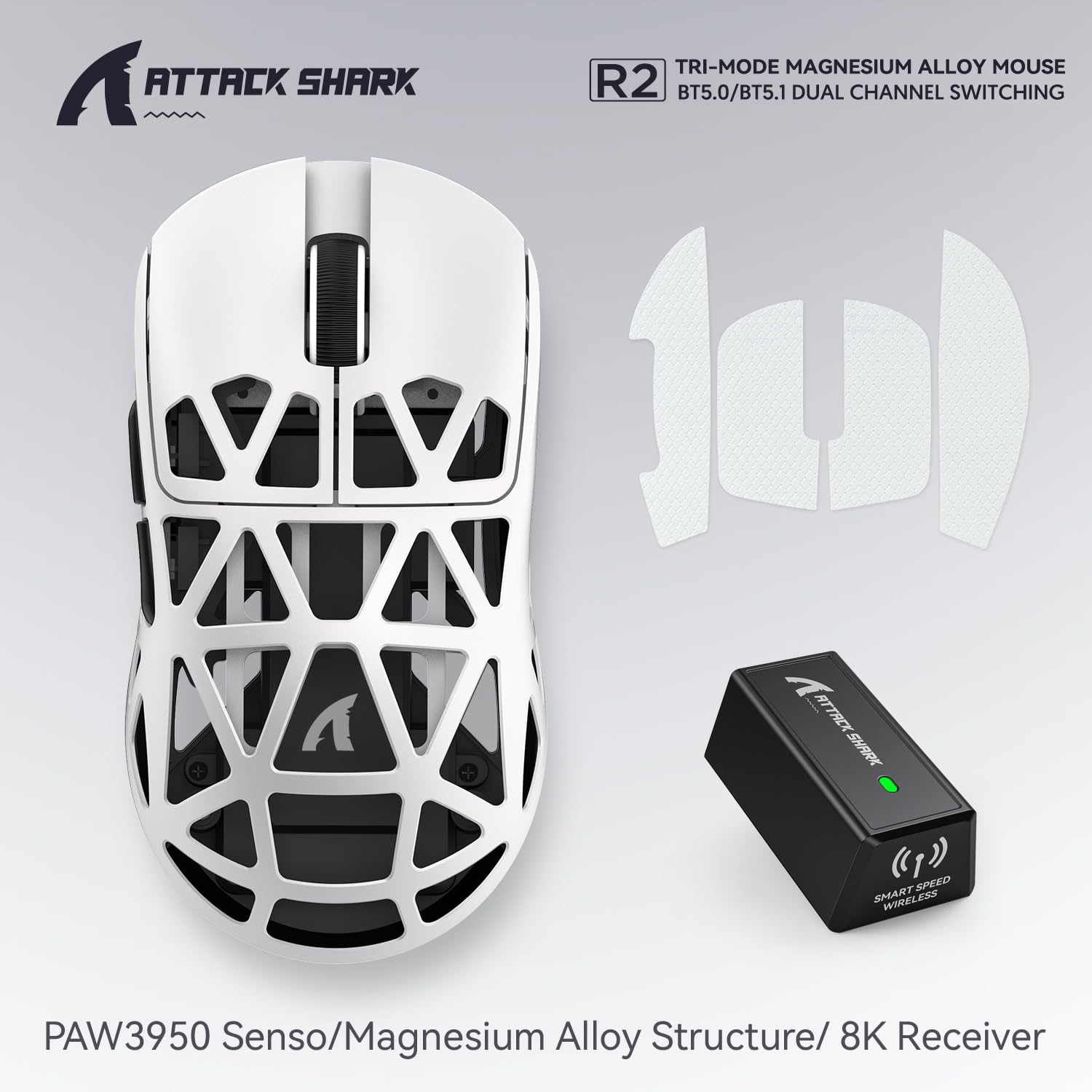 ATTACK SHARK R2 Bezprzewodowa mysz do gier ze stopu magnezu, czujnik PixArt PAW3950, 48 g Superlight, BT/2,4 G/przewodowa, regulowana DPI 42000, biała - Win11/Xbox/PS/Mac