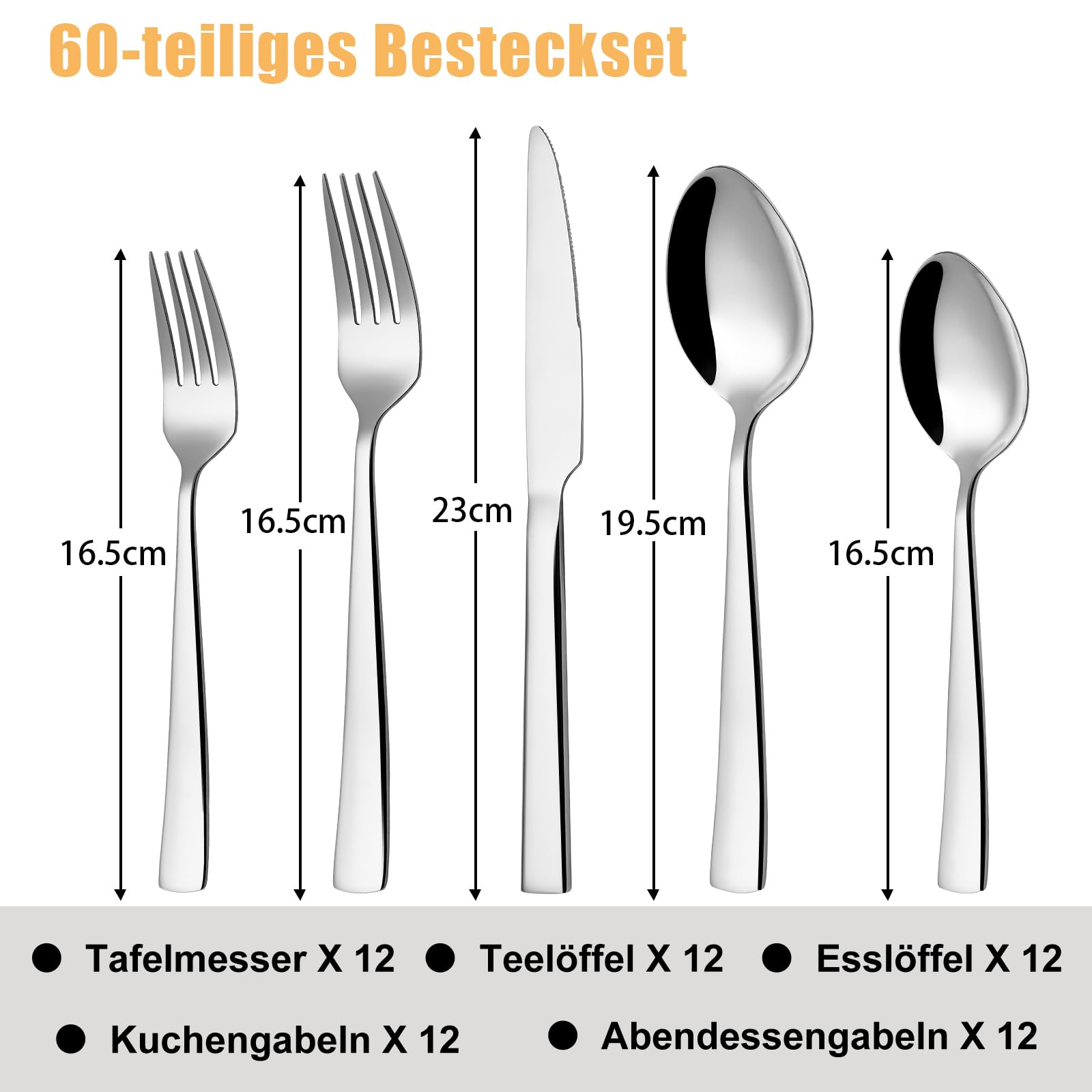 Besteck Set 12 Personen, 60 teilig Edelstahl Besteckset, Essbesteck Set mit Messer Gabel Löffel, Edelstahl Essbesteck für Familie/Party/Restaurant, Hochglanzpoliert & Spülmaschinenfest