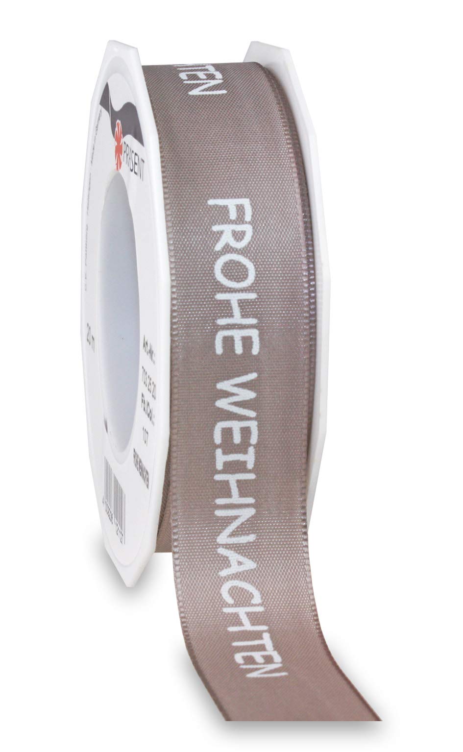 Präsent - Frohe Weihnachten Printed Ribbon Sandstone 25 mm Width, 20 m Length, Red, 25 mm - 20 m