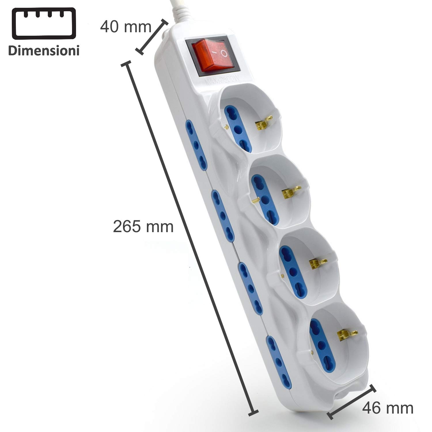 Ewent EW3929 Steckerleiste (italienisch), 12 Buchsen, 4 Universalbuchsen 10/16 A mit Schuko, 8 Kombistecker 10/16 A, beleuchteter Schalter, Kabel 1,5 m mit italienischem Stecker 16 A, Weiß