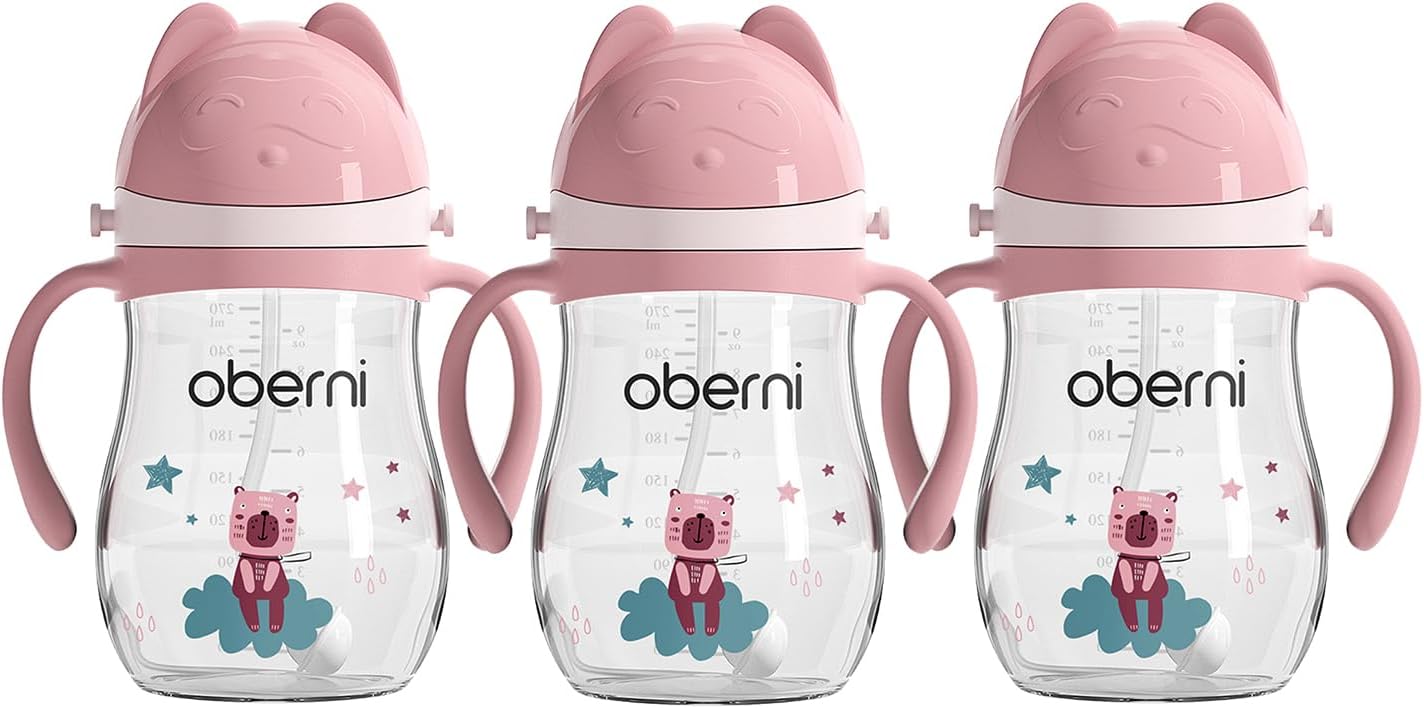 Toddler Sippy Cup, Tritan Baby Water Bottle With Non-Spill Valve Spout, Removable Handle and Carry Strap, 270ml/12m+/Pink/Pack of 3