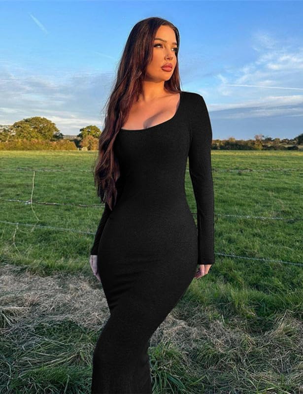 Damska sukienka maxi z długim rękawem, podkreślająca figurę, z prążkowanymi ściągaczami, seksowna sukienka bodycon, wąska, długa, elegancka, jednokolorowa, sukienka wieczorowa, na imprezę, do