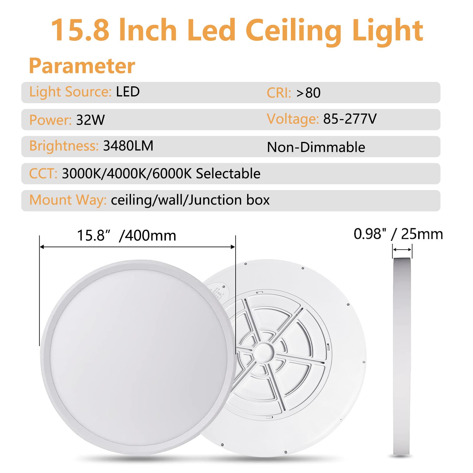 Juego de 4 lámparas LED de techo de 39,8 cm, 32 W, 3480 lm, 3000 K/4000 K, 6000 K, CCT seleccionable, superdelgada, perfil plano, montaje de panel plano redondo para pasillo, dormitorio, cocina