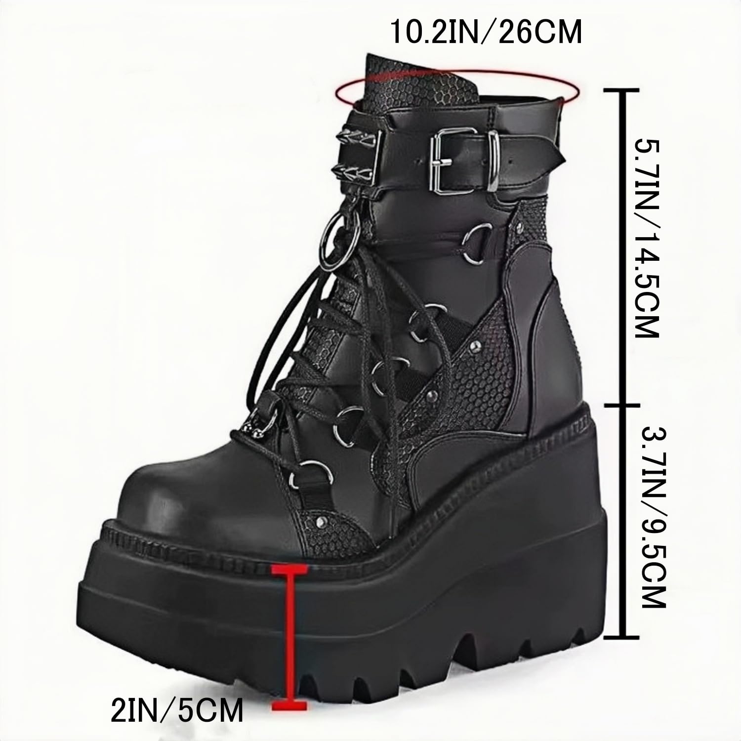 Plataforma gruesa gótica de las mujeres cuñas Botas de tobillo con cadena Corazón remache Punk Botas de motocicleta de la mitad de la ternera Cuñas de cremallera del dedo del pie redondo Tacones