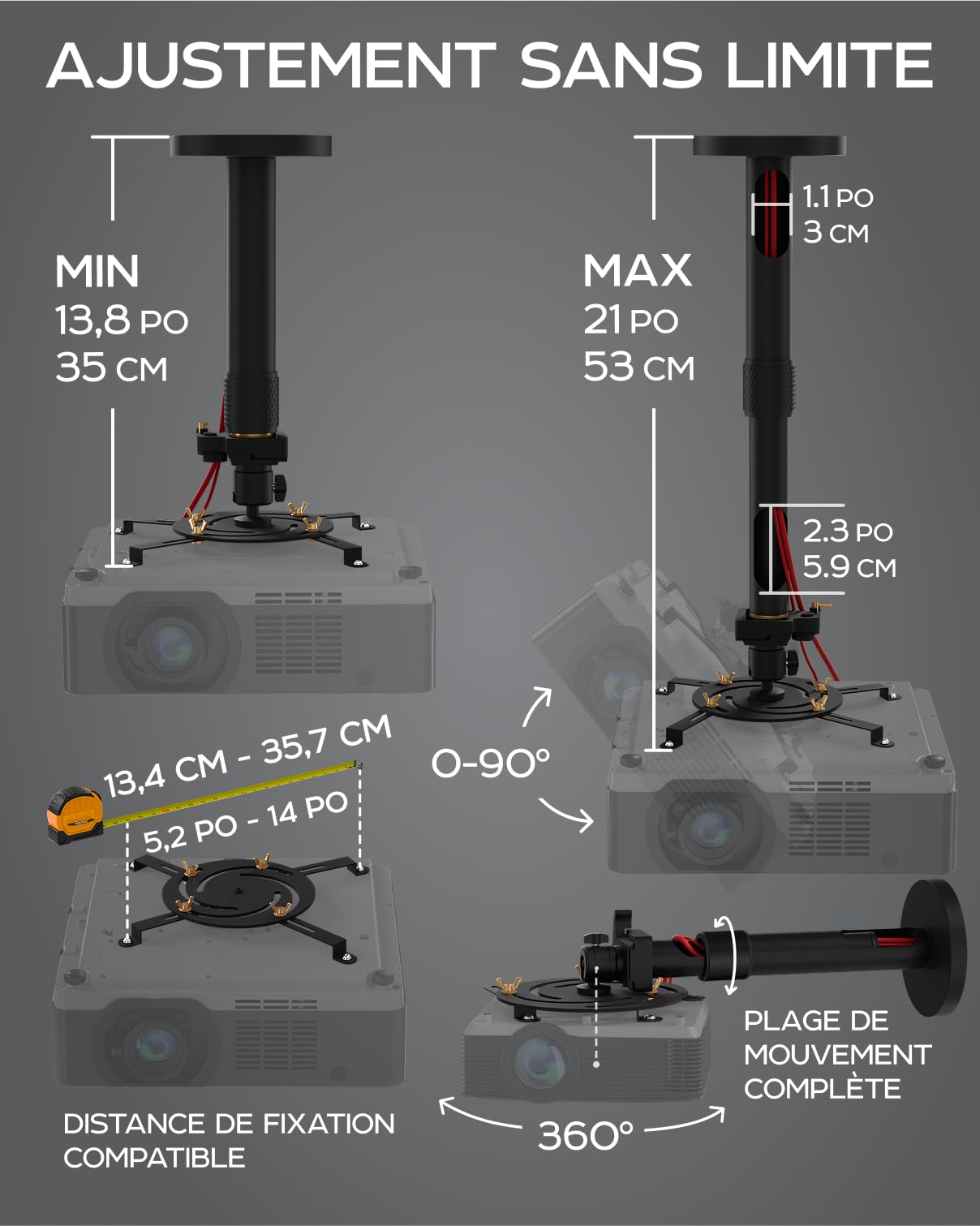 Support de projecteur Universel - Support de Plafond ou Mural réglable pour Mini-projecteurs de Bureau et domestiques - Mouvement Complet, Installation Facile, pivotant à 360°, Longueur 35-53 cm