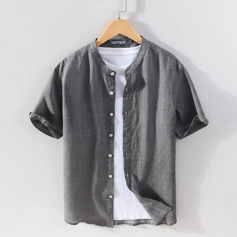 H3TF5J Chemises pour Hommes, Chemise hawaïenne d'été pour Hommes Gris foncé Vintage en Coton et Lin col Montant Chemise de Plage à Manches Courtes Bouton décontracté t-Shirt de fête à séchage