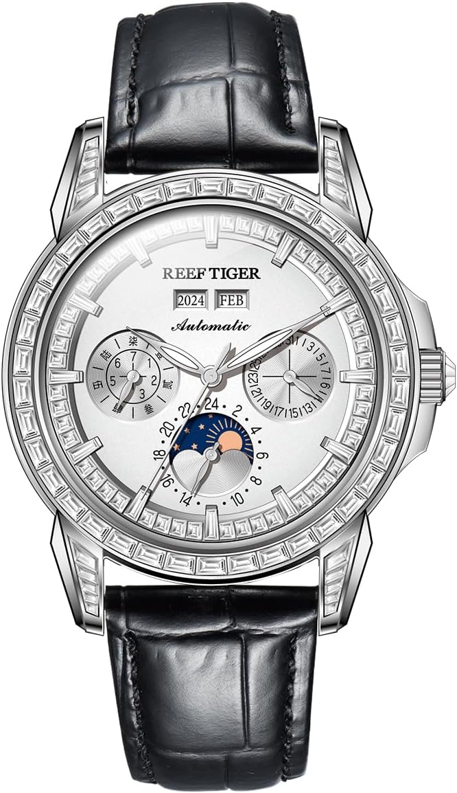 REEF TIGER Luxury Crystal Bezel Moonphase Complete Calendar Mechanical Automatic Watch for Men Luminous Leather Strap Classic Watch RGA1988