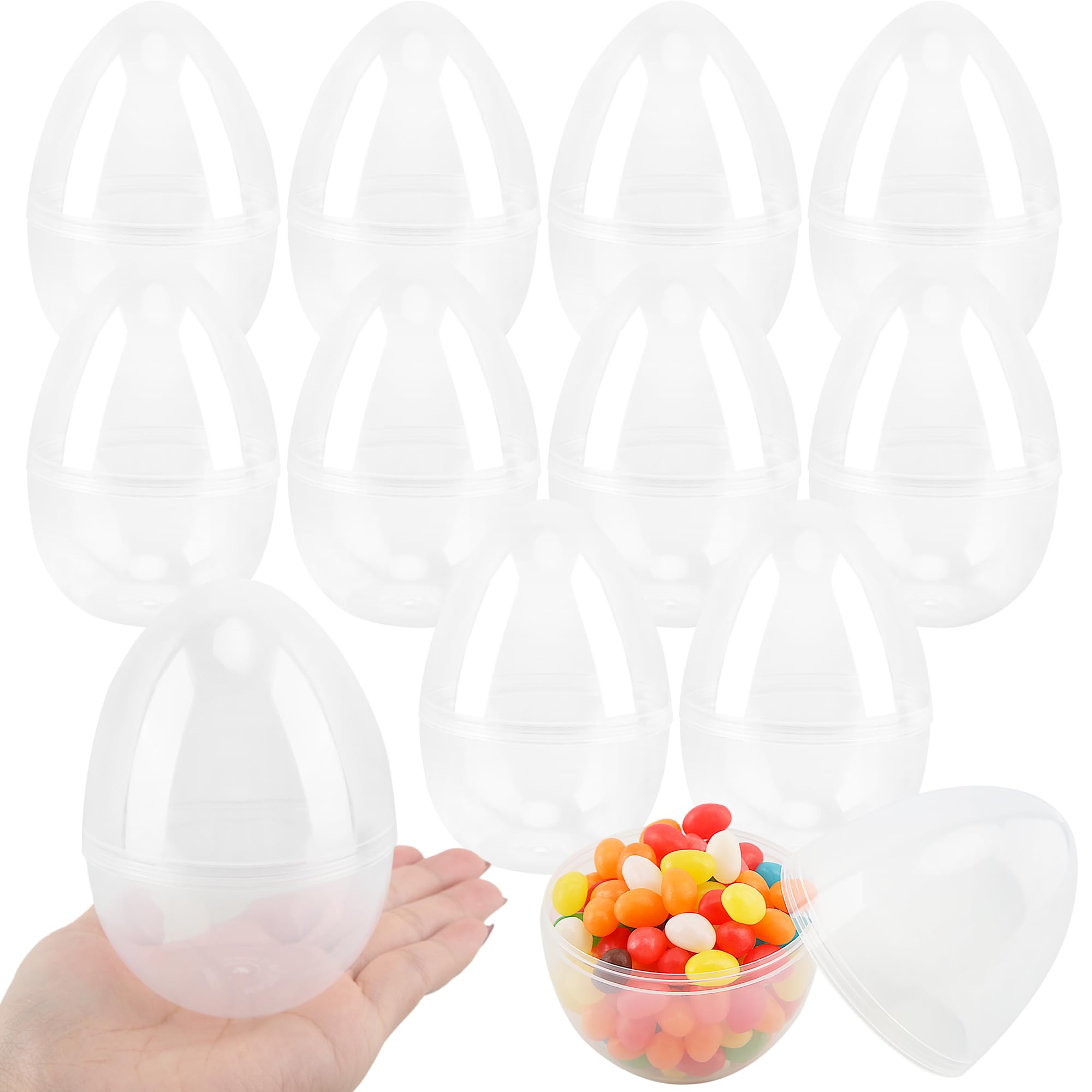 Photo 1 of 12 Pack 4.5 Inch Clear Easter Egg Plastic Transparent Easter Eggs Fillable Easter Eggs Empty for DIY Baskets or Egg Hunt Decor Easter Party Favors